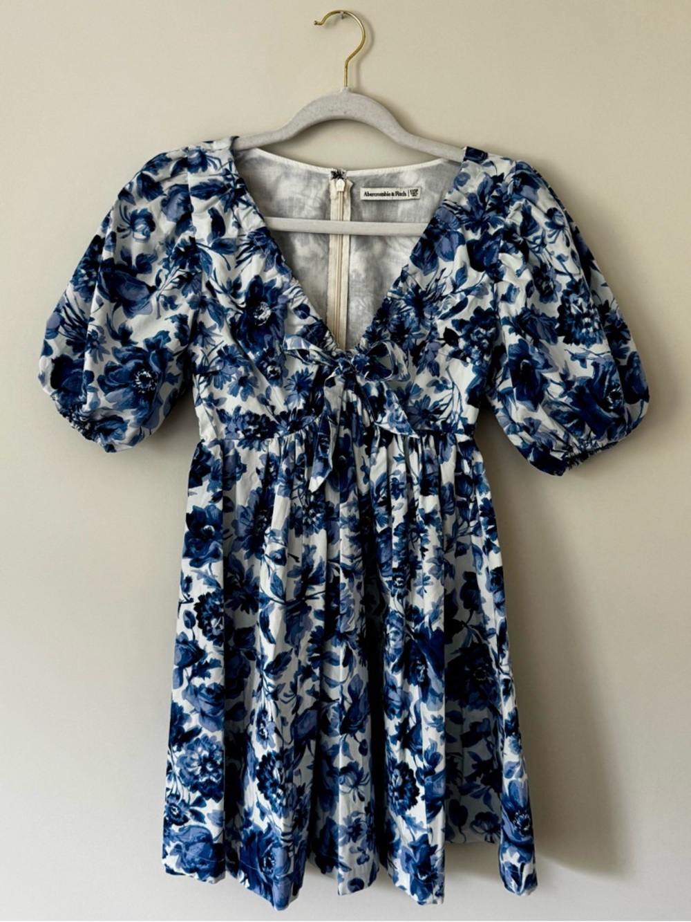 Abercrombie Floral Puff Sleeve Poplin Mini Dress, Blue & White – XXS Petite
